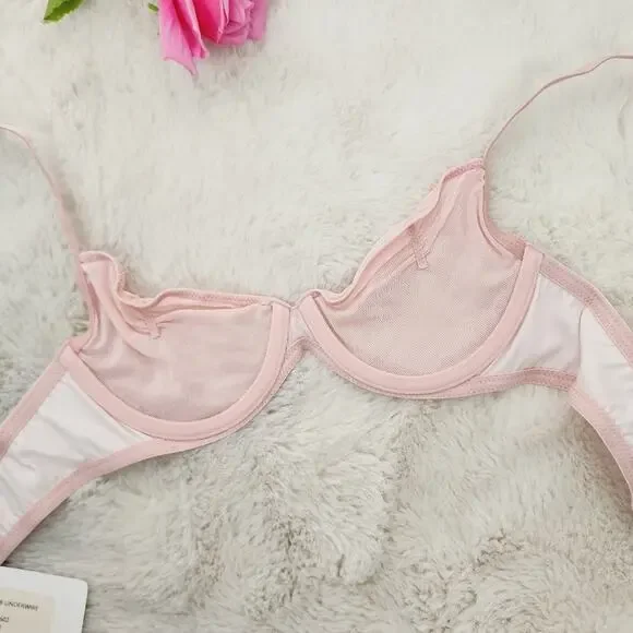 Free People Heart Throb Mesh Underwire Bra Silver Pink Balconette Satin Trim XS - Picture 7 of 9